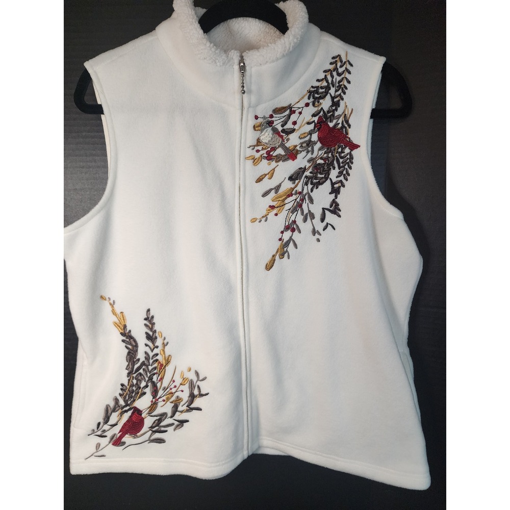 Croft & Barrow White Fleece Cardinal Embroidered Vest Large Faux Fur Collar